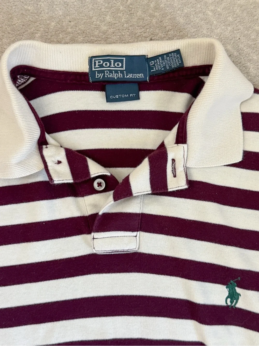 Ralph Lauren Burgundy and Cream Striped Polo with green horse logo embroidery L